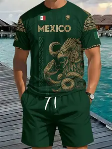 Men's 3D Digital Printed Two-Piece Set with Mexican Totem Prints, Casual Sportswear, Trendy Retro Outfit for Vacation, Breathable Daily Sportswear, Athleisure Sportswear Set, an Ideal Festival Gift for Men