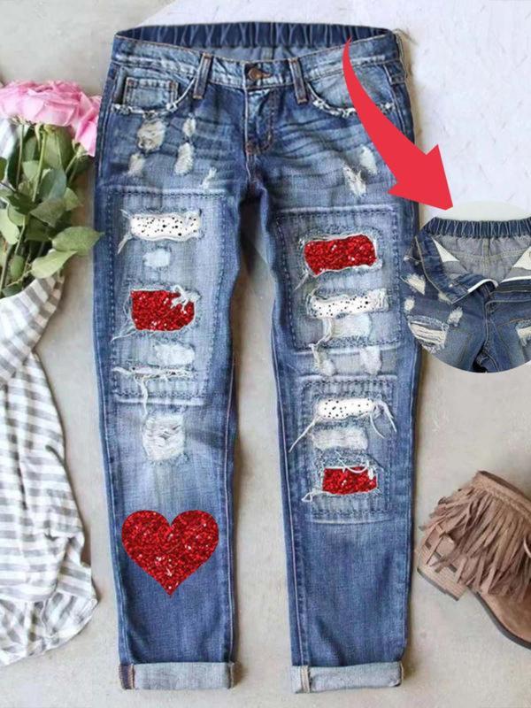 Women’s Ripped Patch Boyfriend Jeans with Multiple Cute Prints Loose Washed Denim Mid-Waist Elastic Waist Breathable & Comfy