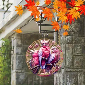 2D Flat Pink Parrot Wind Spinner - 25.4cm Bohemian Metal Suncatcher with Stained Glass & Floral Design, Colorful Bird Decor for Garden, Patio, Yard, Indoor Outdoor Wall Art