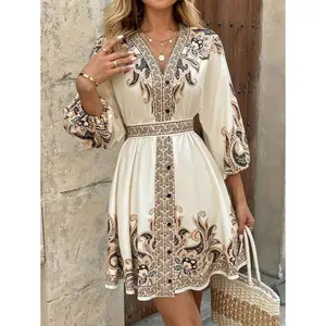 French-style elegant versatile everyday printed V-neck buttoned waist-cinching A-line long dress with lantern sleeves in apricot color, casual dress, spring/summer collection