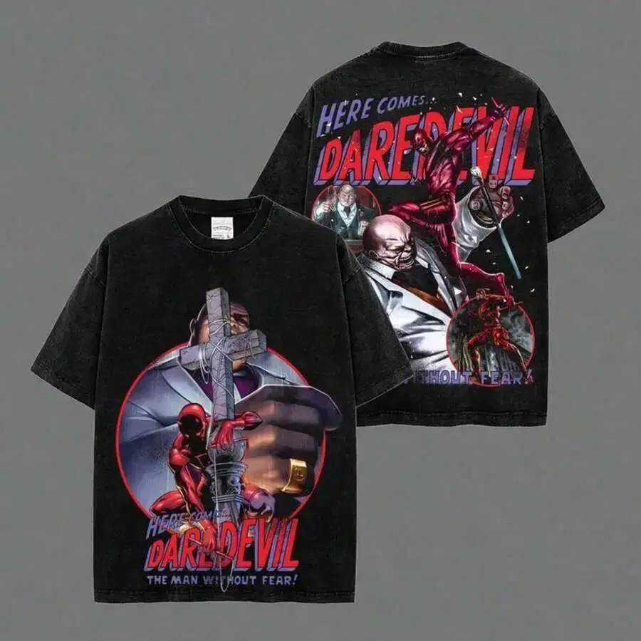 Vintage Acid Washed Heavyweight 100% Cotton Daredevil Tee, High-Resolution Graphic Print! Classic Comic Hero Shirt For Men & Women. Y2K Streetwear Summer Outfits, Unisex Superhero Fan Gift Merch & Edgy Gym Pump Cover Apparel For Everyday Trendy Outfits!