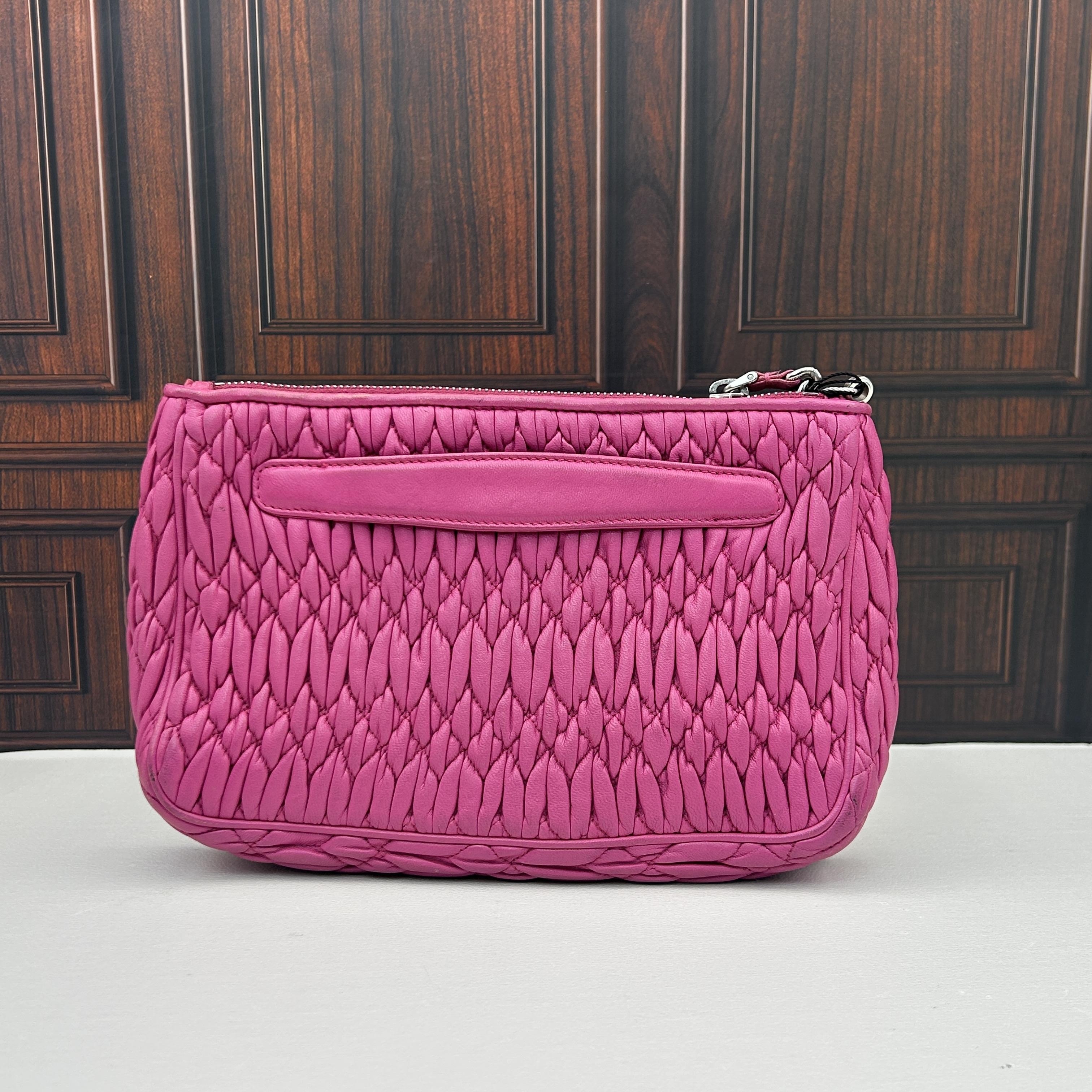 Pre-owned miu miu Matelasse Hot Pink Ruched Nappa Crystal Chain Under‑Arm Shoulder Bag 888
