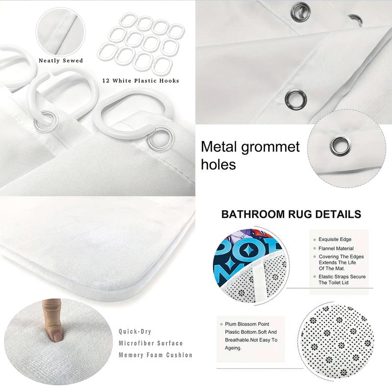 K-POP Demon Hunters Bathroom Set, Waterproof Shower Curtain with Hooks, Non-Slip Bath Rug, U-Shaped Toilet Mat, Toilet Lid Cover, Bathroom Decoration Accessories