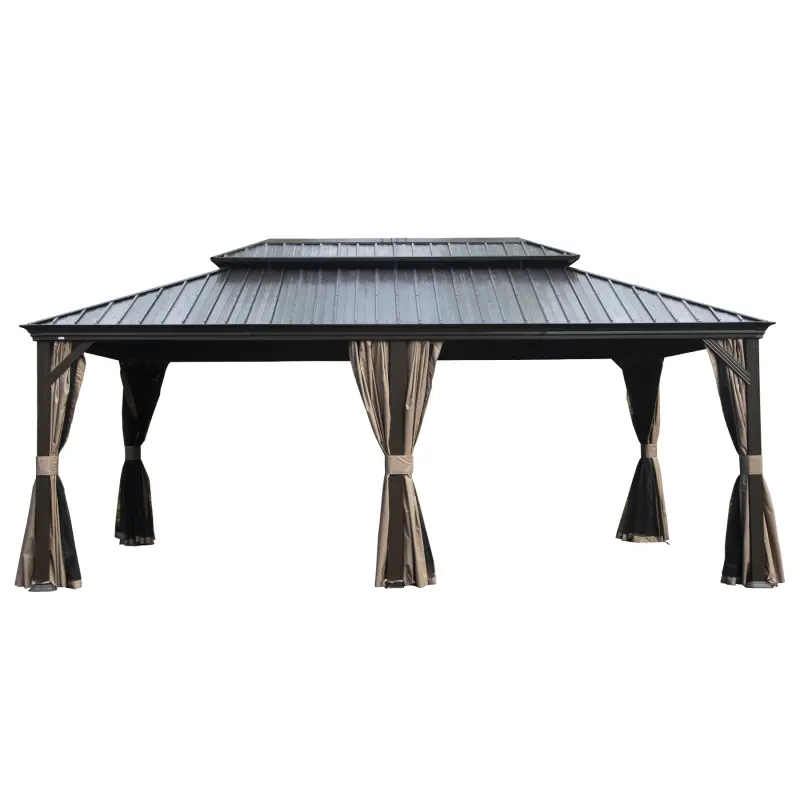 12' X 18' Hardtop Gazebo, Upgraded Metal Gazebo with Drainage System, Dual-Layer Galvanized Steel Roof, Curtain and Netting, Outdoor Shelter Canopy for Patio, Garden, and Backyard, Brown On-Site