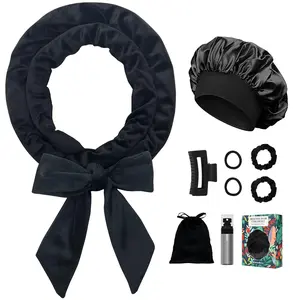 No Heat Hair Curlers Overnight Curls Headband - 70" Soft Ribbon Curl Wrap for Long Hair, 9 PCS Curling Rod Set with Bonnet - Black