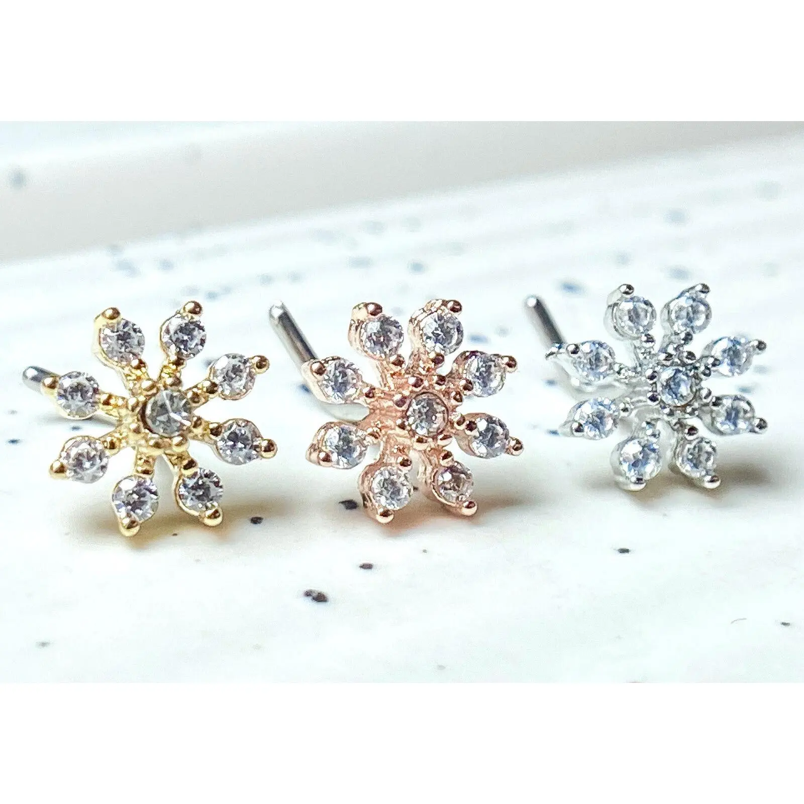 1pc CZ Gem Flower Starburst L-Bend Nose Ring Stud Screw 316L Surgical Steel