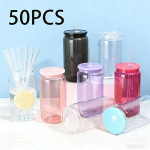 50pcs 16oz transparent jelly-coloured plastic cups with lids and straws 16oz colourful jelly PC cups, vibrant hues, complete with lids and straws Ideal for outdoor activities, juice, water, iced coffee Essential for parties, compatible with UV DTF stick