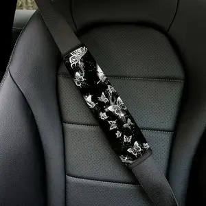 1 or 2 Black and White Glowing Butterfly Car Seat Belt Covers - Interior car decoration, quick installation and removal, safe and fashionable polyester design, universal fit, comfortable travel.