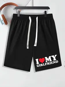 Men's Regular Fit "i Love My Girlfriend" Letter & Heart Print Drawstring Waist Shorts, Casual Elastic Waist Pocket Straight Leg Shorts for Summer, Polyester, Comfortable Men's Bottoms for Daily Wear, Printed Shorts, Menswear, Activewear, Athletic, Sport