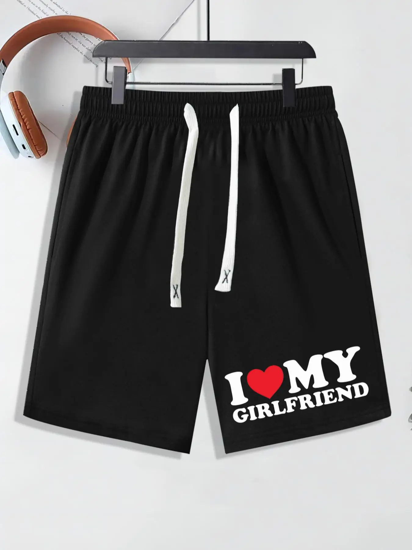 Men's Regular Fit "i Love My Girlfriend" Letter & Heart Print Drawstring Waist Shorts, Casual Elastic Waist Pocket Straight Leg Shorts for Summer, Com