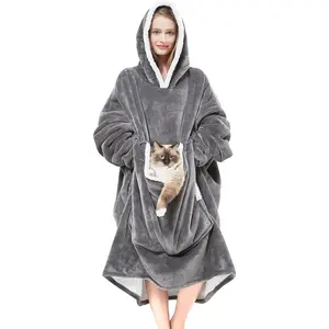 Wearable Blanket Hoodie with Giant Pocket Extra Soft Thick Warm Cozy Oversized Sherpa Fleece Blanket Jacket with Sleeves Grey