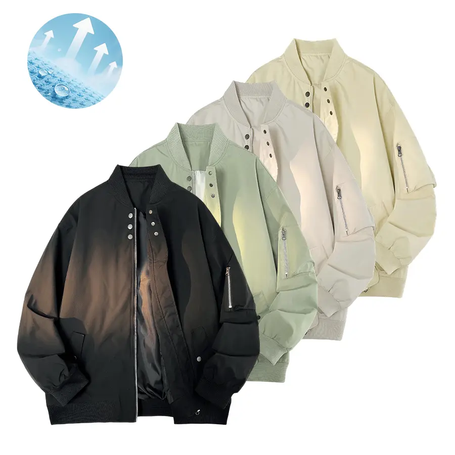 American vintage baseball-collar aviator jacket, classic basic style, lightweight, water-repellent with slight wind resistance, double front featuring snap buttons and zipper, paired with cargo pockets with arm zippers, ribbed hem that hugs the body for w