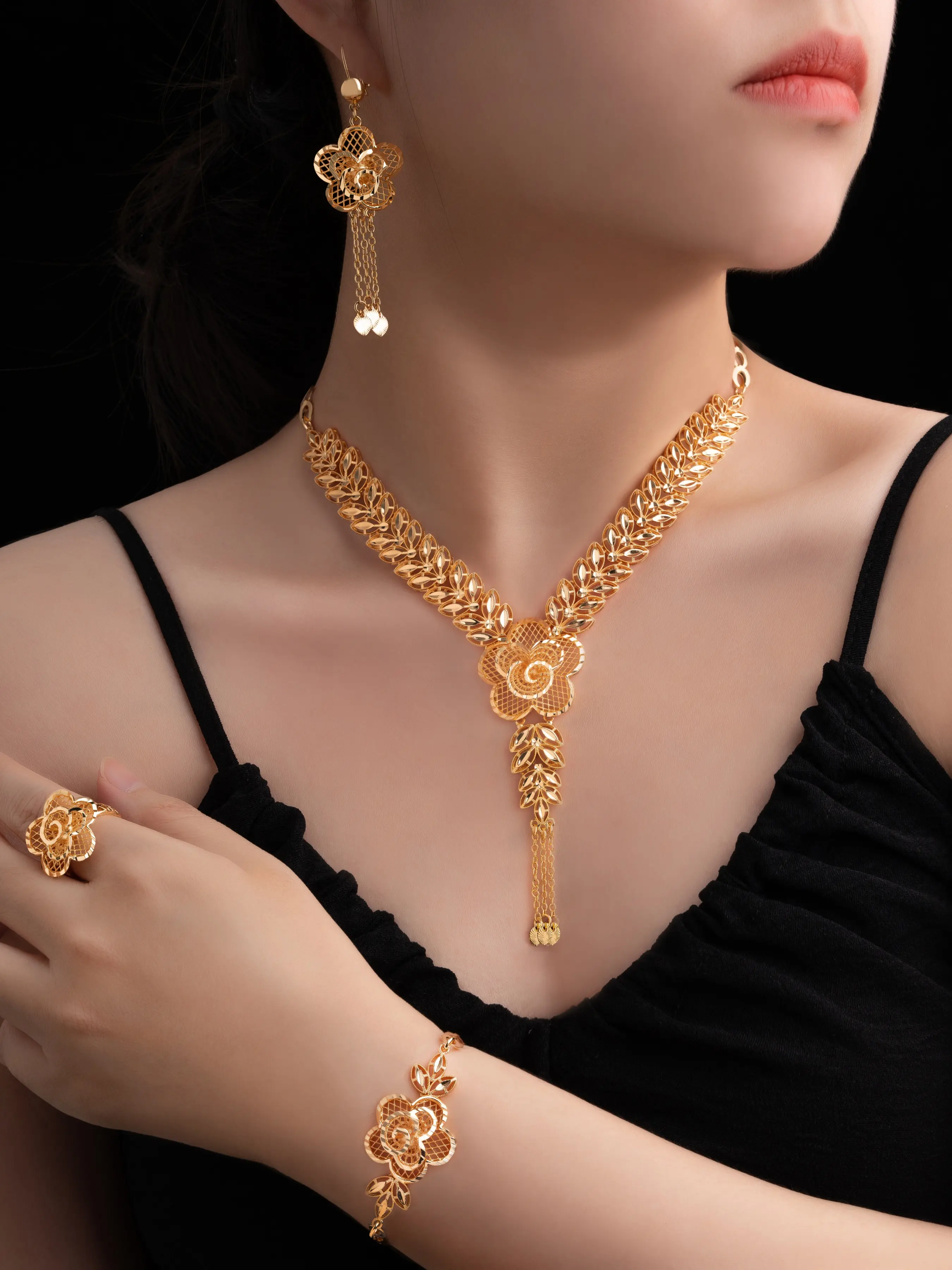 5-Piece Luxury Floral Tassel Copper Jewelry Set, 22k Gold Coating, Romantic French Design, Perfect for Weddings, Parties and Gifts, Jewellery Gift Set, Elegant Gold Gift Box Included, Durable