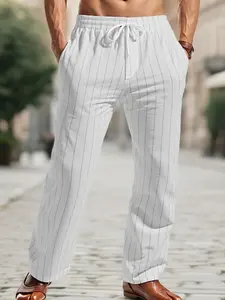 A pair of men's summer linen casual trousers with a vertical striped design that is both simple and neat. The waist belt can be flexibly adjusted with, regular version, back to school season men's trousers, linen material is breathable and skin-friendly,