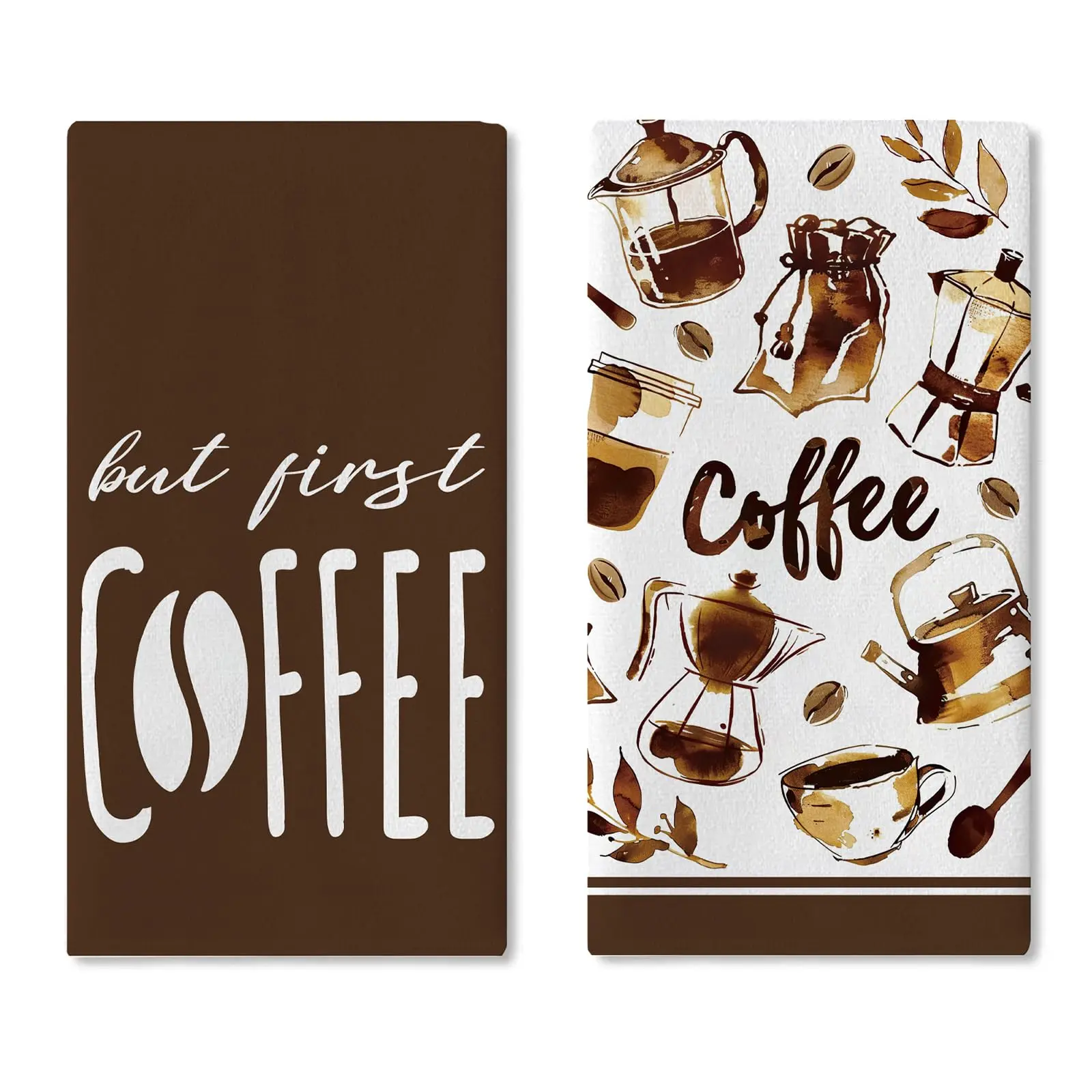 But First Coffee Kitchen Dish Towels Set of 2, Watercolor Coffee Beans Cup Drying Hand Towel Baking Cooking Cloth, Farmhouse Rustic Office Cafe Station Shop Bathroom Home Decoration 18'' x 26''
