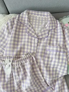 Lightweight Plaid Pajama Set, Casual Loose-Fitting Summer Sleepwear, Short Sleeve and Shorts, Sweet Style for Women