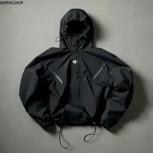 Men's Black Oversized Waterproof Techwear Hooded Windbreaker Jacket - Polyester Utility Functional Lightweight Durable Spring Outerwear, Stylish Casual Street Style Menswear for Daily Wear & Outdoor Activities