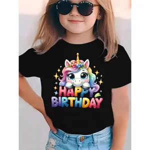 Happy Birthday Unicorn Graphic Tee for Girls - Black Short Sleeve T-Shirt with Colorful Unicorn Design, Casual Summer Top with Slight Stretch, Casual Summer Top | Playful Design | Comfortable Fit, Unicorn Birthday Party