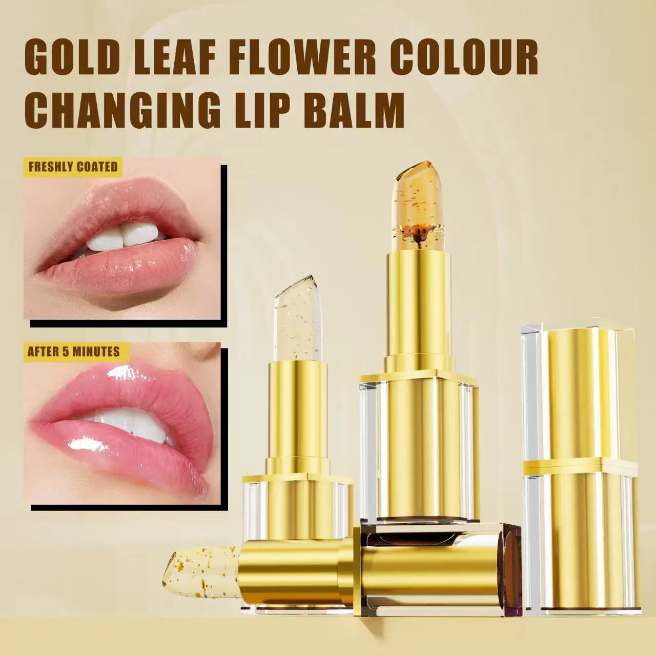 Gold Leaf Flower Temperature-Change Lip Balm - Nourishing Mineral Oil Moisturizer Lipgloss, Dry Lip Repair, Shiny Daily Makeup Gift for Women (All Skin Tones)