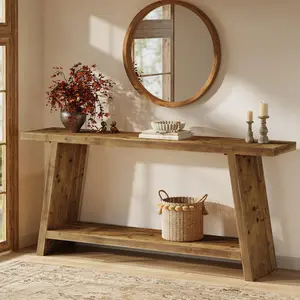 Tribewood Solid Wood Console Table, 70.9'' Narrow Long Sofa Table With 2-Tier Storage For Living Room, Hallway, Foyer, Farmhouse Style, Brown