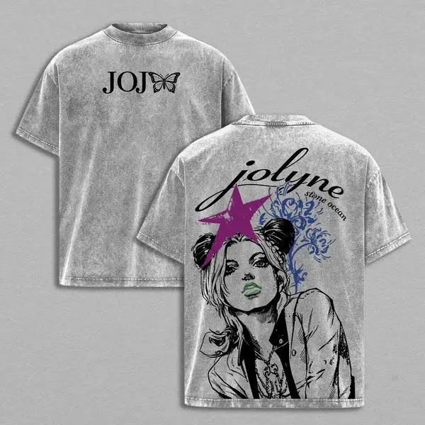 Vintage Washed JoJo's Bizarre Adventure Stone Ocean Jolyne Cujoh Double Sided T-Shirt, Oversized Retro Distressed Anime Graphic Tee, Harajuku Streetwear Y2K Aesthetic, 100% Cotton Casual Short Sleeve Top, Japanese Manga Star Butterfly Print Summer, Shorts
