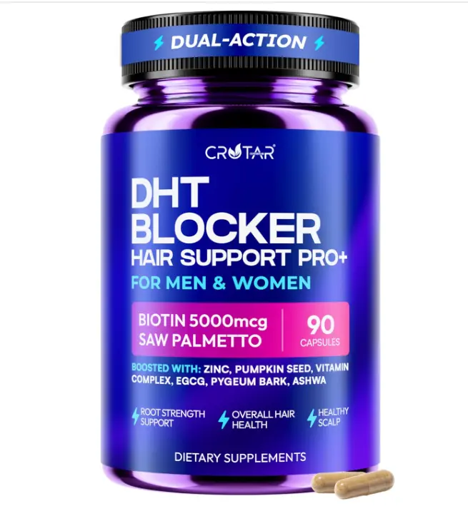 Dual Action DHT Blocker for Women and Men - Hair Growth Supplement with Saw Palmetto, Pumpkin Seed Oil, Biotin 5000 mcg and Zinc - Hair and Scalp Support Herbal Complex - High Potency Formula - 90 Capsules