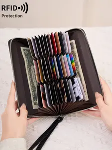 Women's vintage solid color large-capacity stylish wallet, RFID anti-theft, metal zipper closure, multifunctional compartments, 36-card accordion design, suitable for daily travel and trips.