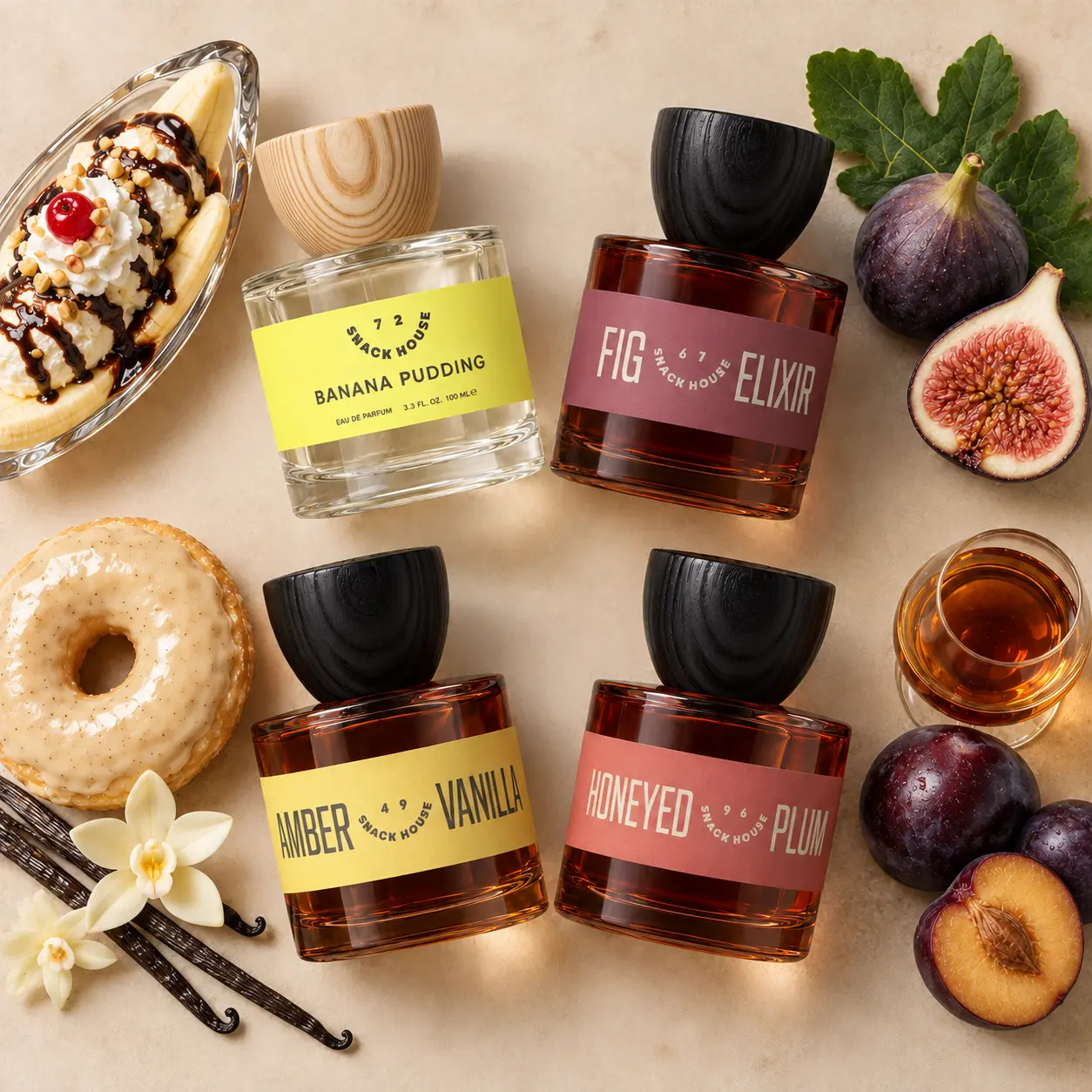 Golden Season Gift Set - Fall & Winter Fragrance Gift Set, Eau de Parfum Bundle, Banana Pudding, Fig Elixir, Amber Vanilla & Honeyed Plum, Sweet Gourmand, Fruity, Amber & Woody Scents, 4×100ml, 400ml, Vegan & Cruelty-Free, Multi-Pack