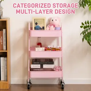 3-Tier Metal Rolling Storage Cart with Table Top & Wooden Tray, Lockable Wheels, Easy Assembly for Bathroom, Living Room, Office & Bedside; Comes with Stackable Pink Makeup Brush & Baseball Cap Storage Organizer with Compartments