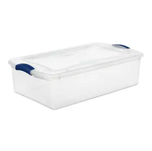 Small Storage Bin, 32 Quart Clear Underbed Storage Container with Latch Lid, Blue