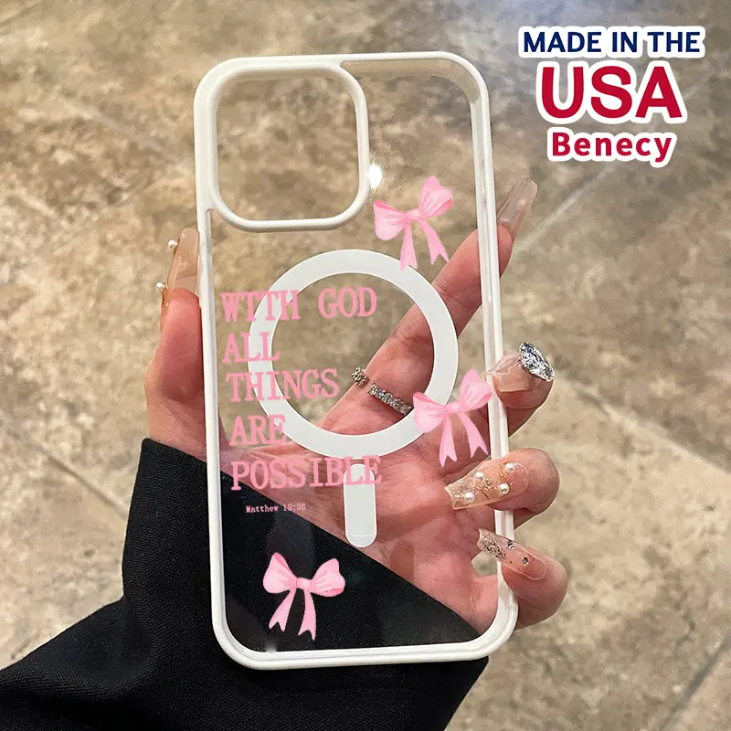 Magnetic Phone Case Supports Wireless Charging for iPhone 15 16 14 Pro Max 13 12 11 XR XS Plus E Pink Bow  Pattern Anti-Yellowing Shockproof durable ultra-thin Crystal Transparent Acrylic Cover