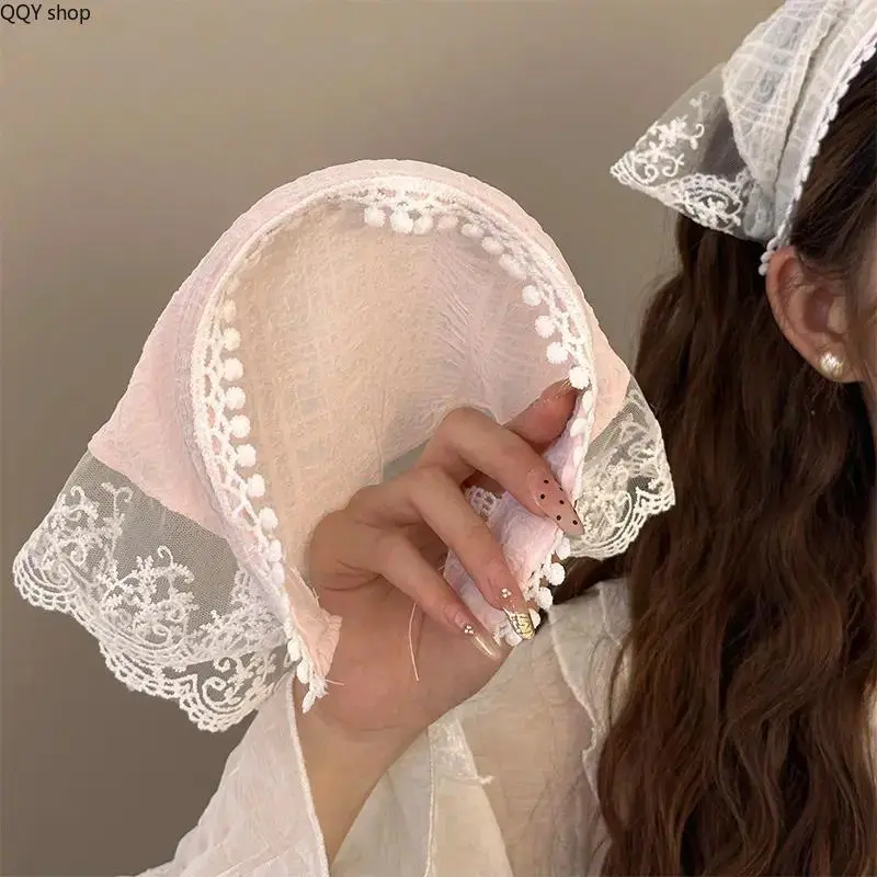 French Lace Triangle Hair Band, Elegant Pastoral Lace Edge Head Scarf, Multifunctional Triangle Shawl Fashion Hair Accessories, Boho Vintage Stylish Headwear for Daily Outfit Matching, Travel Vacation and Casual Bohemian Look