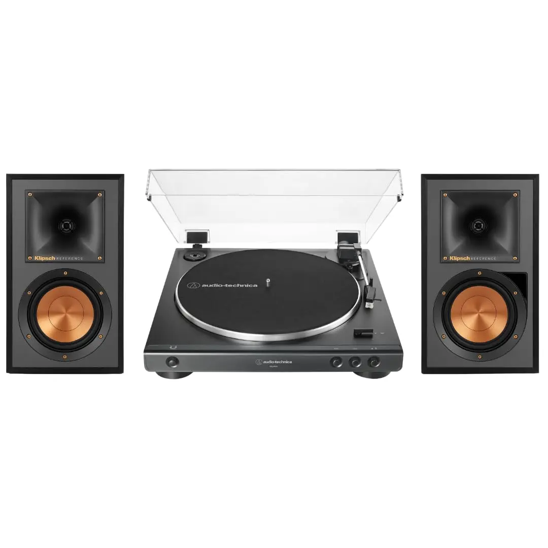Klipsch R-51PM Powered Bluetooth Wireless Aluminum Bass Speakers Bundle with 60X-BK Fully Automatic Belt-Drive Stereo Turntable, Magnetic Bass Subwoofer for Smartphones, Compact Music Setups & Expandable Devices