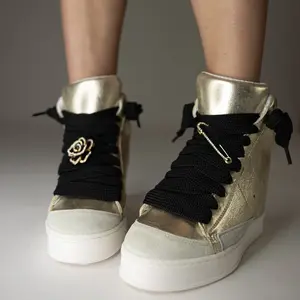 Cynthia Metallic Gold Sneaker | Lightweight Lace-Up Sports Shoes, Trainer Sneakers with Crystal & Chain Detail, Handcrafted Italian Nappa Leather, Hidden Wedge for Comfort