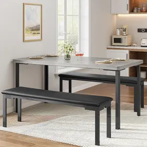 Dining Table Set for 4, Kitchen Table with 2 Upholstered Benches, 3-Piece Kitchen Table Chairs Set of 4, Rectangular Dining Room Dinette Sets for Breakfast Nook, Small Space, Grey
