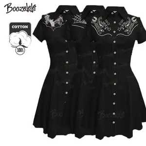 [Gothic Style] Embroidery Vintage 100% Cotton Shortsleeve Dress Bat, Spider Web, Horseshoes and Scorpions, Buttondown, Gothic Dress, Casual Classic Womenswear, Collared