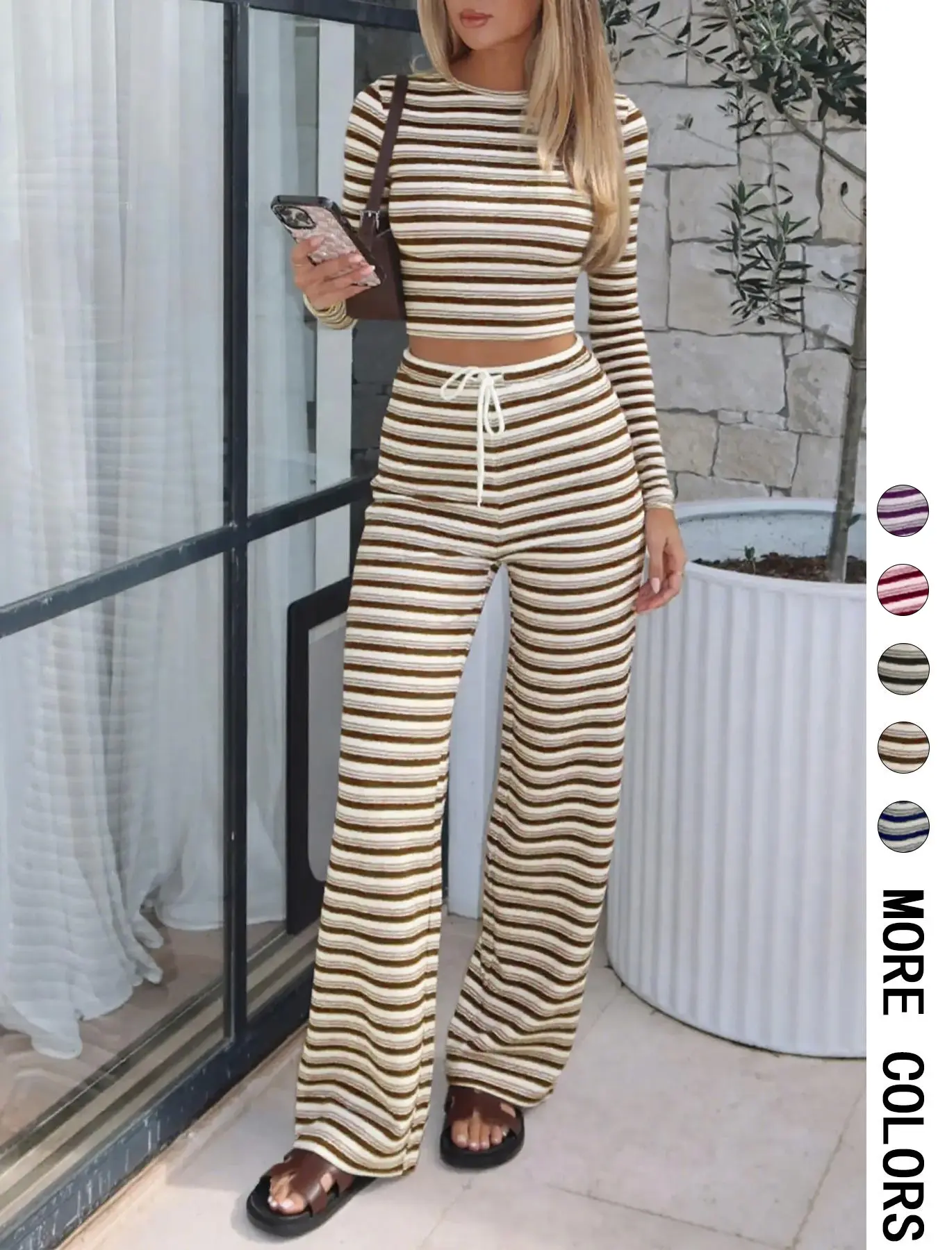Women's Casual Comfortable Soft Knit Fabric Long Sleeve Striped Top + Loose Printed Trouser Pants Set Womenswear, Casual Loungewear Sets, Outfit, Everyday, Perfect for Daily Wear breathable