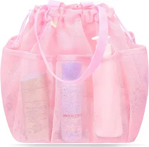 Mesh Shower  Portable with Drawstring, Dorm Room Essentials for College Students Girls, Large Shower Bag for Camping,Swimming,Gym,Travel,Bathroom - Pink