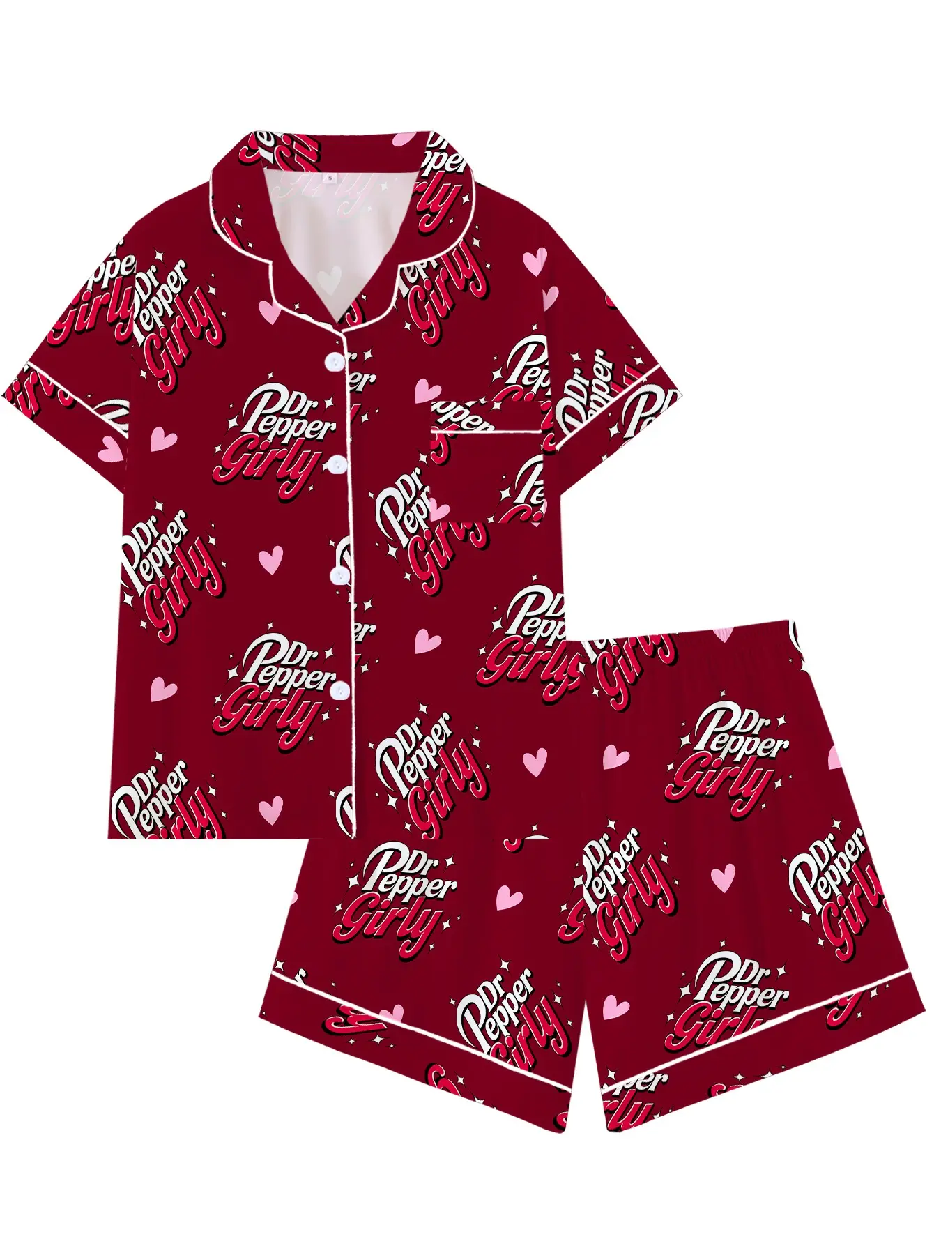 Soda Girly Aesthetic Graphic Pajama Set | Cute Cherry Red Sleepwear with Heart Print | Y2K Novelty Short Sleeve Button Down Lounge Outfit | Aesthetic 2-Piece Summer PJs | Fun Sleepover Nightwear Gift for Women | Loungewear
