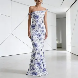 Women’s Floral Print Waist-Cinched Bodycon Knot Halter Off-Shoulder Dress