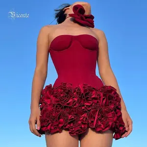Christmas Dress Strapless Backless Red Structured Floral Embellished Mini Length Bodycon Celebrity Party Cocktail Dress Fabric Formal