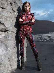Women's Halloween Cosplay Jumpsuit, Chain Print Tight-Fit Costume, Stage Performance, Festival Party Wear, Unique Role-Playing Clothing