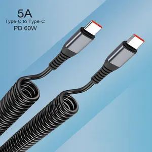 60W Fast Charging Spring Charging Cable C to C, Tangle-Free Car Use Retractable Type-C Cable, Multi-Protocol Dual Type-C Data Line