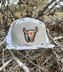 Tribal Bull Skull Embroidered Patch Trucker Hats – Old School 7 Panel Style in Camo, Black, White, and Brown – Unisex Fitted Caps