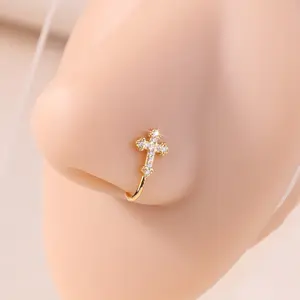1 Piece Fake Nose Ring Zirconia Cross-Shaped Nose Clip Artificial Septum Nose Ring Clip-On Nose Jewelry for Women Non-Piercing Jewelry
