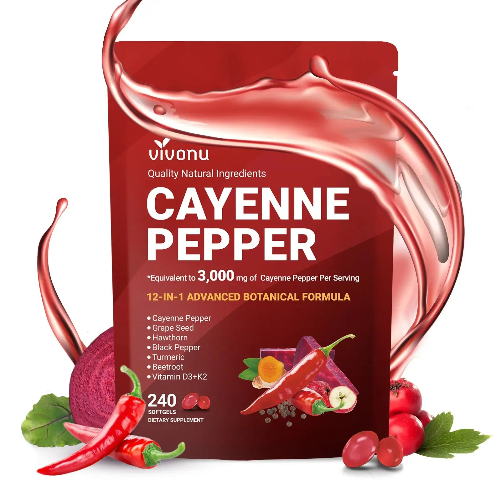 【Brand Day】VivoNu Cayenne Pepper Softgels Supplement, Supports Leg Vein, Heart and Blood Vessel Health, with Vitamin E D3+K2 and Extracts of Grape Seed, Hawthorn, Beetroot and Others (240 Softge /1 Bag) SummerVibes