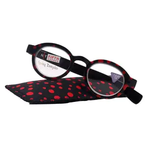 Dotty Chic, Round Reading Glasses for Women  Black w Red frames with playful polka-dot pattern: +1.25 +3  NY Fifth Avenue