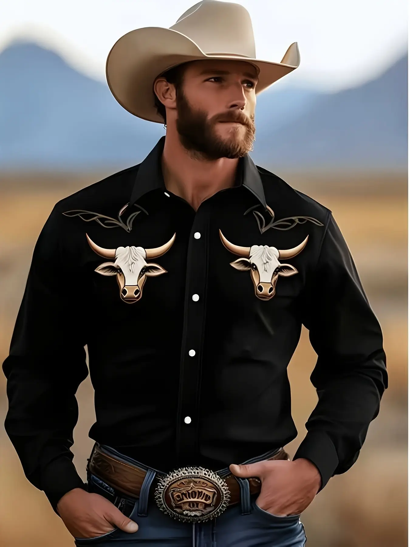 Men's Long Sleeve Denim Collared Shirt, Bull Head Print Western Style Fashion Blouse, Casual Slim-Fit Top for All Seasons, Button Down Shirts, Cowboy Print Shirt
