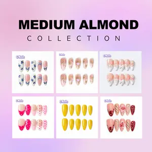 G Nails Medium Almond Collection 100% Handmade Press On Nails 10 pcs Reusable 3D Floral Design for Holidays Parties Birthdays Office Use