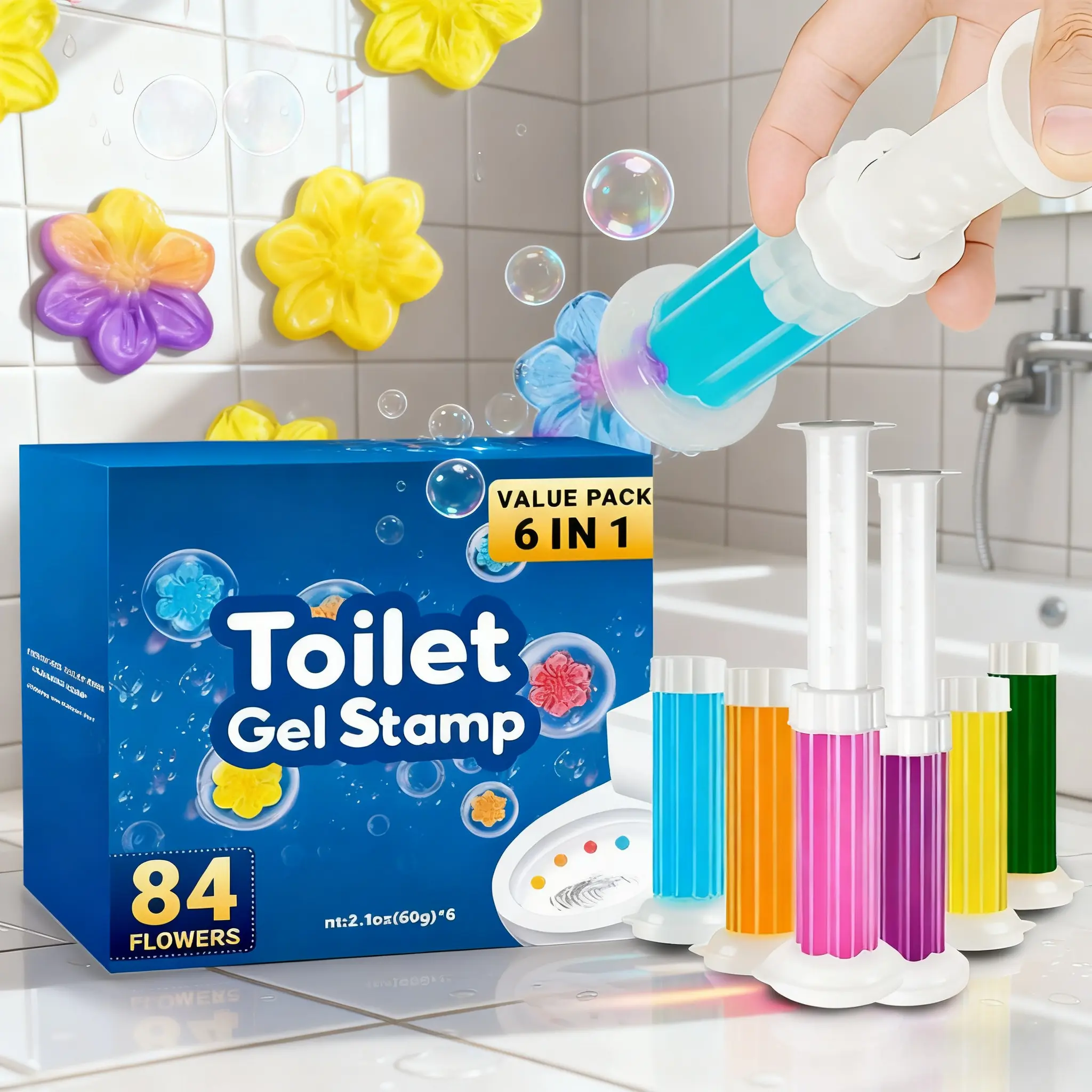 6-in-1 Toilet Gel Stamp Value Pack with 84 Flower Fragrance Beads, Long-Lasting Freshness, Rapid Deodorizing, Gentle Cleaning, Odor-Free for Toilet, Sink, Urinal